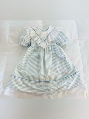 Vintage Sarah Kent Dress Eyelet Bib Collar & Trim w Bow Back Blue White Sz 5
